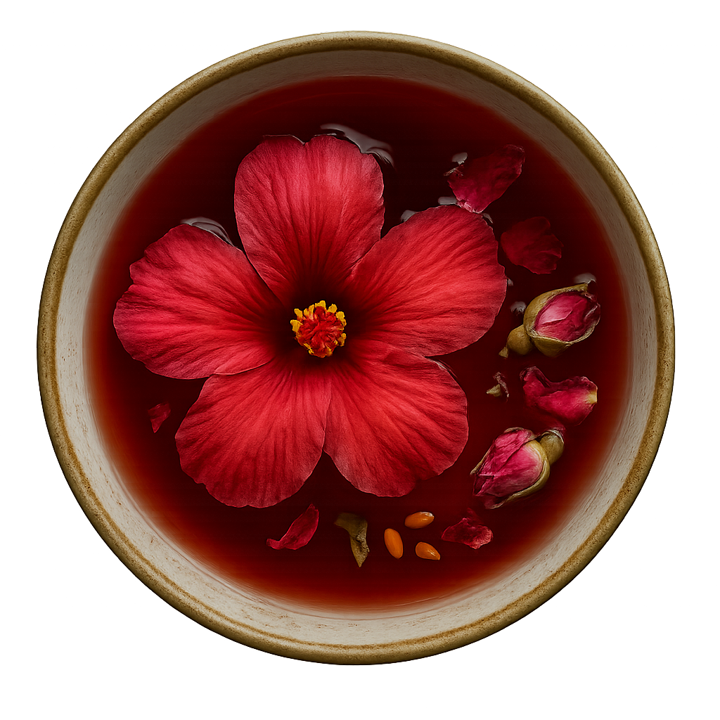 hibiscus flower petals red rose buds floating in a bowl of dark liquid on a white background