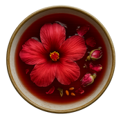 hibiscus flower petals red rose buds floating in a bowl of dark liquid on a white background