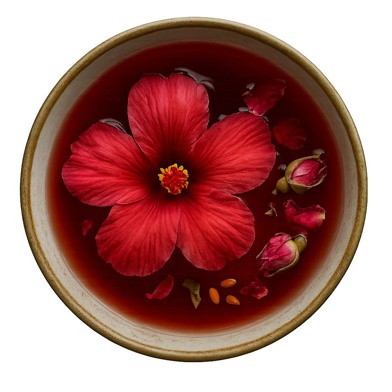 hibiscus flower petals red rose buds floating in a bowl of dark liquid on a white background